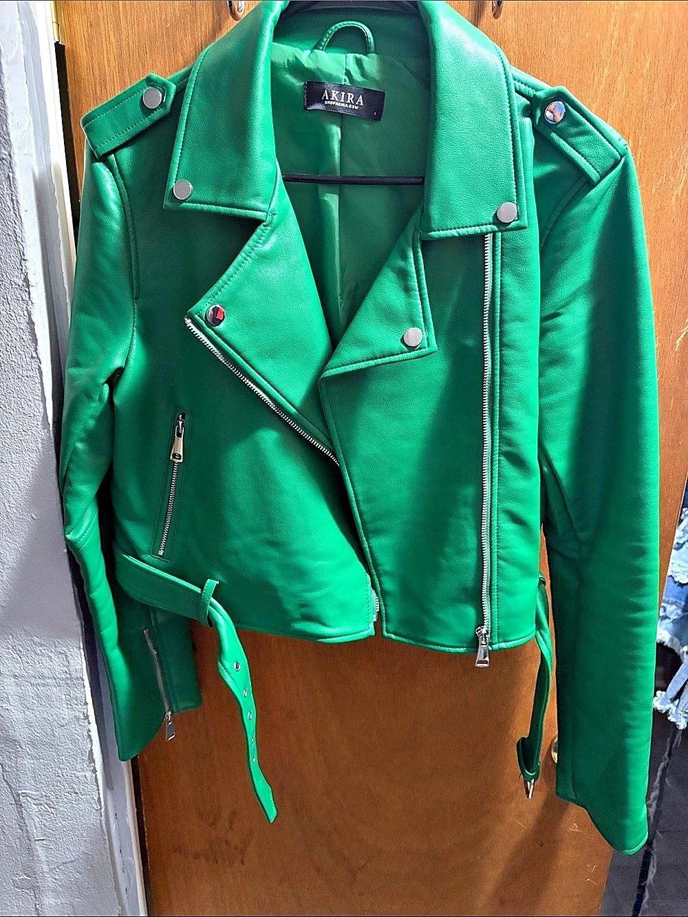 AKIRA Green Faux Leather Moto Jacket Like New